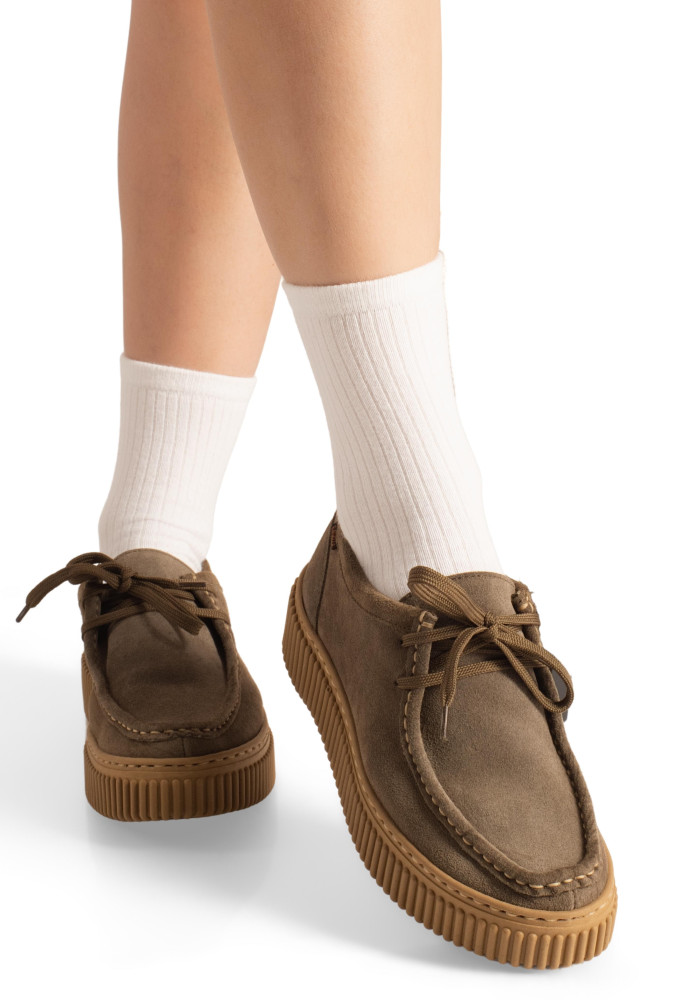 Ragazza γυναικεία δερμάτινα Lace Up loafers με περιμετρική ραφή σε λαδί χρώμα