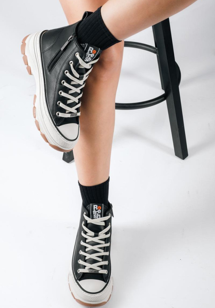 Refresh μαύρα γυναικεία chunky μποτάκια sneakers με φερμουάρ και κορδόνια
