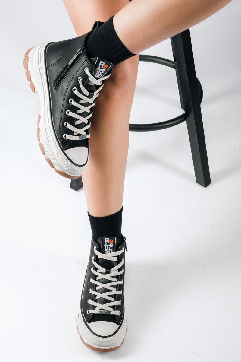 Refresh μαύρα γυναικεία chunky μποτάκια sneakers με φερμουάρ και κορδόνια