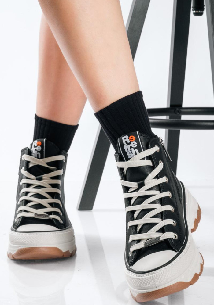 Refresh μαύρα γυναικεία chunky μποτάκια sneakers με φερμουάρ και κορδόνια