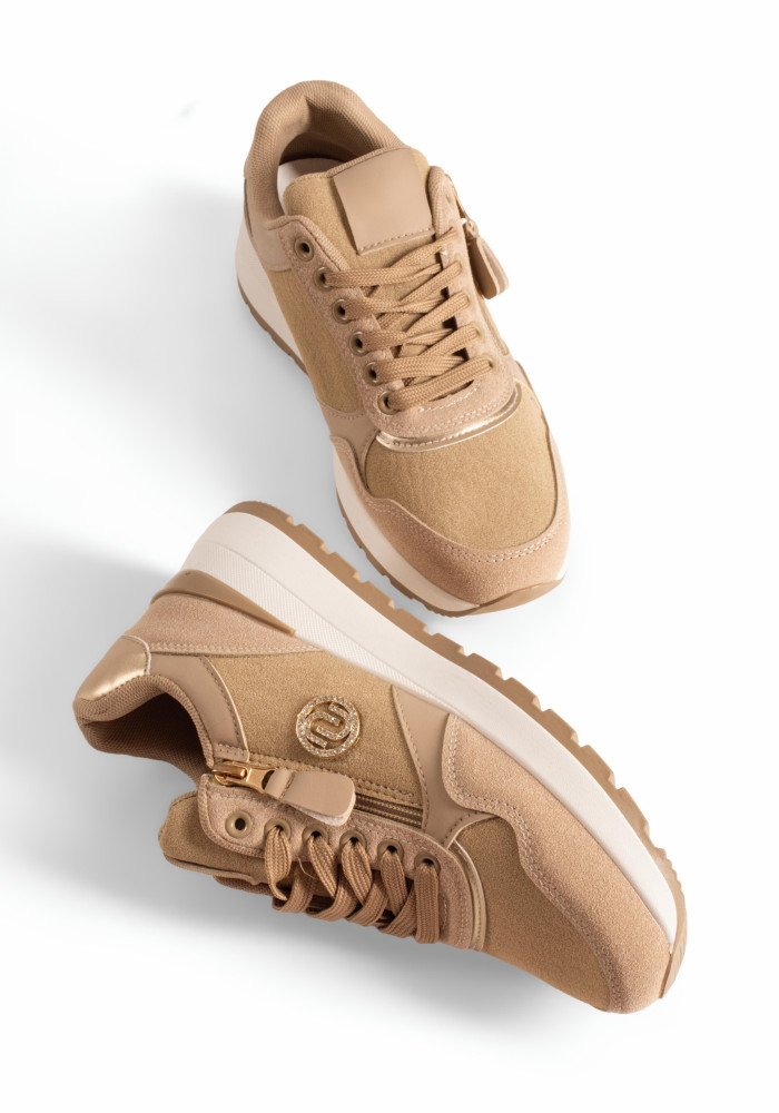 Γυναικεία sneakers μπεζ με φερμουάρ και chunky σόλα