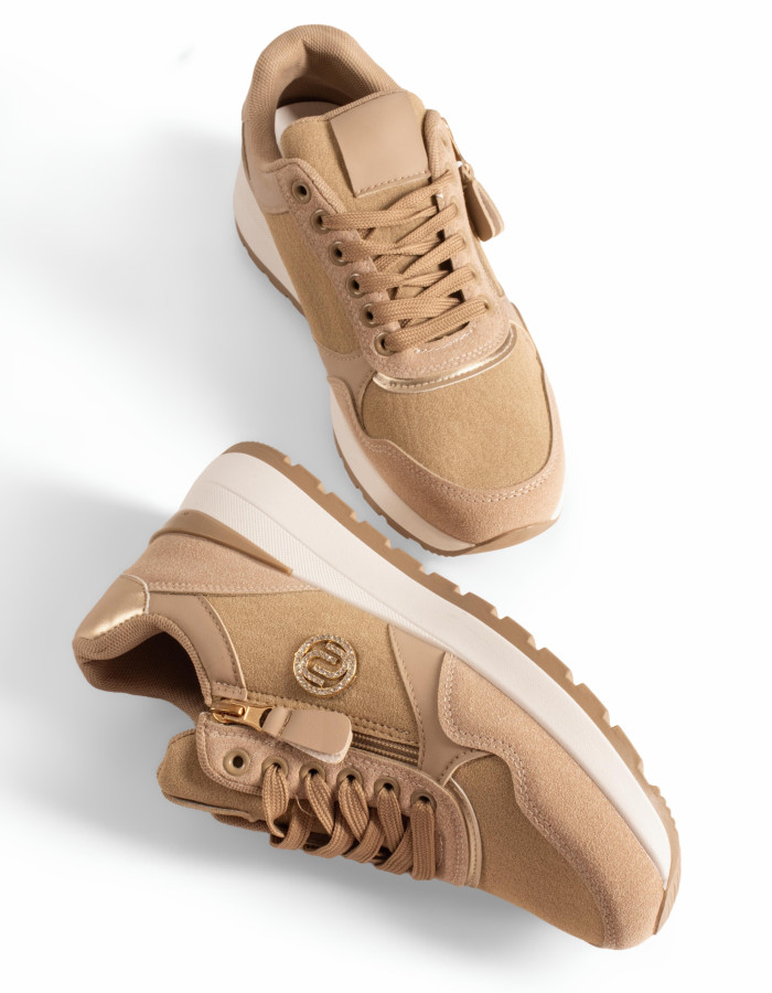 Γυναικεία sneakers μπεζ με φερμουάρ και chunky σόλα