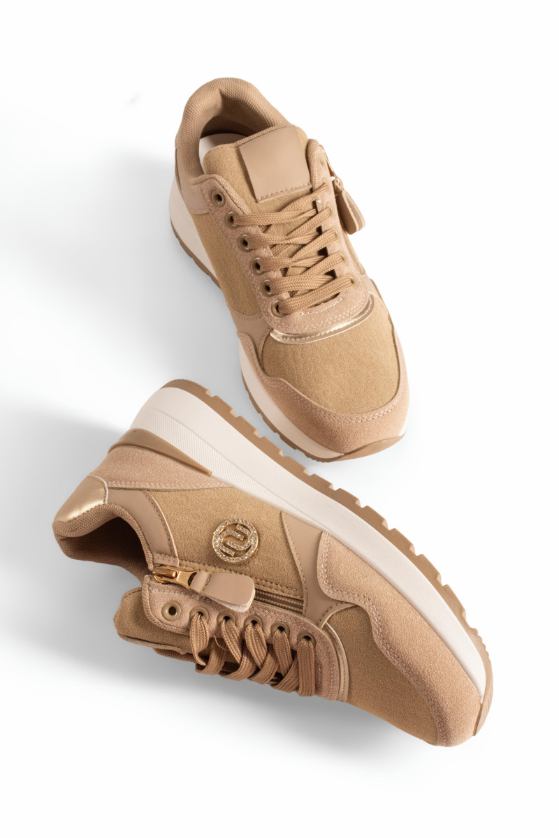 Γυναικεία sneakers μπεζ με φερμουάρ και chunky σόλα