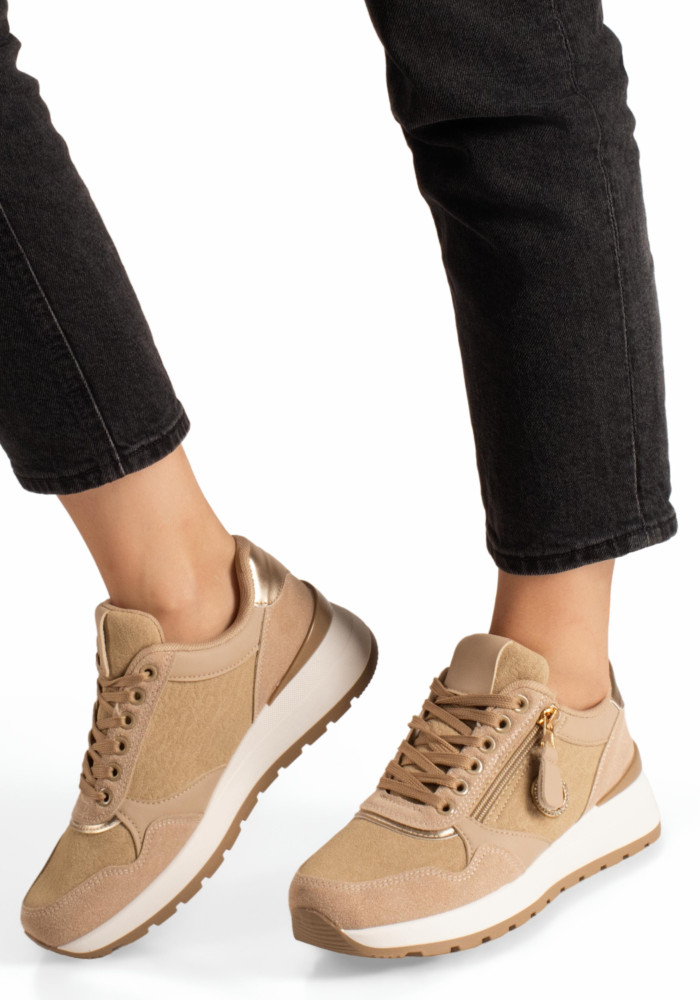 Γυναικεία sneakers μπεζ με φερμουάρ και chunky σόλα