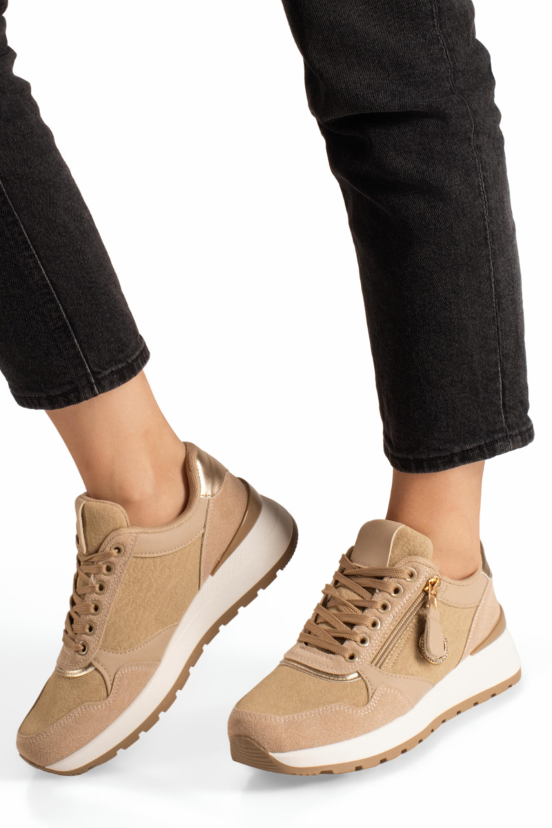 Γυναικεία sneakers μπεζ με φερμουάρ και chunky σόλα
