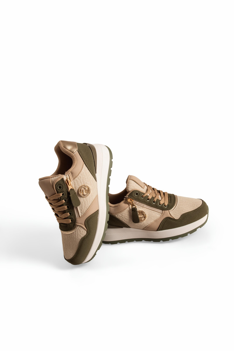 Γυναικεία sneakers λαδί με φερμουάρ και chunky σόλα