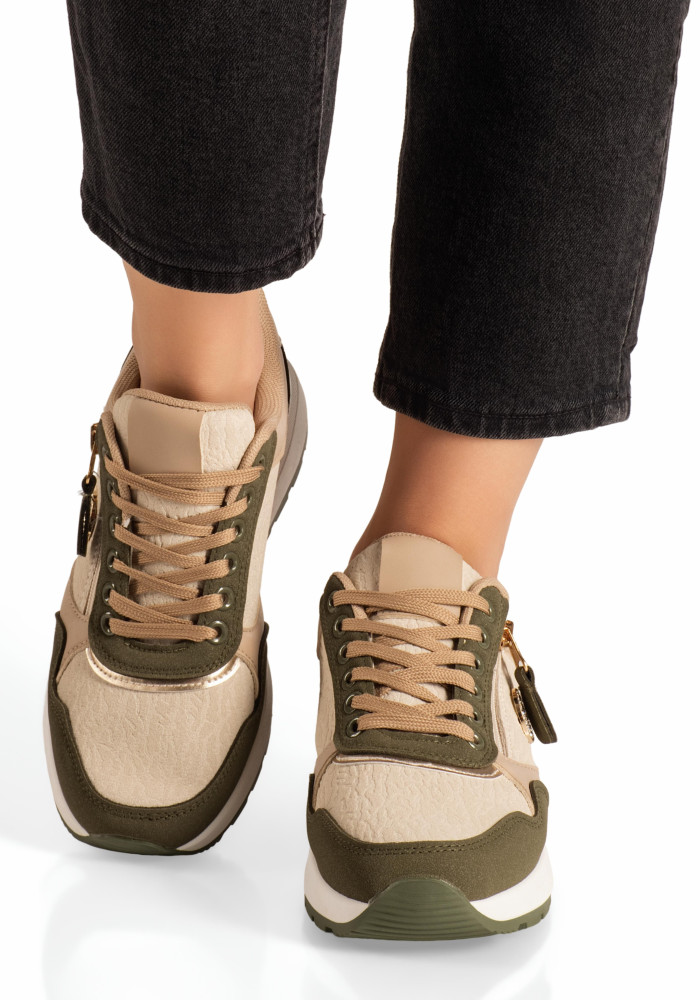 Γυναικεία sneakers λαδί με φερμουάρ και chunky σόλα
