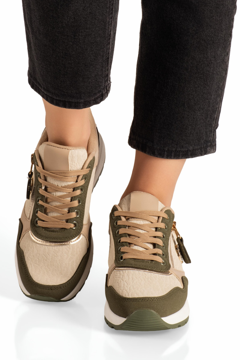 Γυναικεία sneakers λαδί με φερμουάρ και chunky σόλα