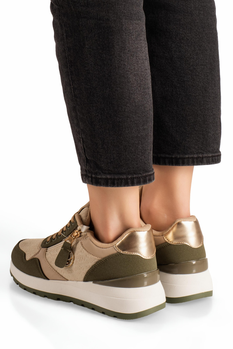 Γυναικεία sneakers λαδί με φερμουάρ και chunky σόλα