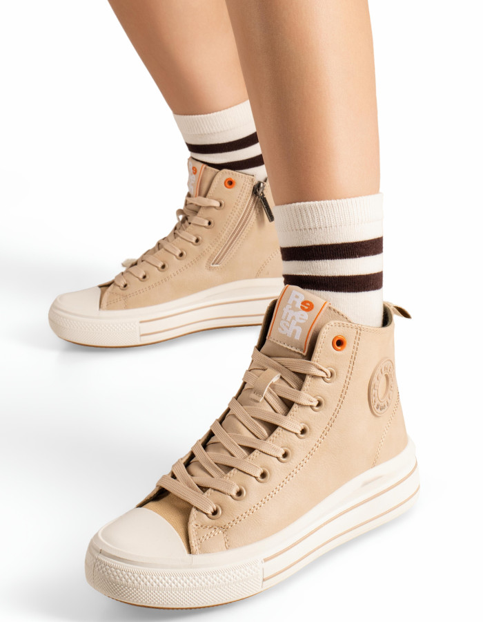Γυναικεία μπεζ sneakers μποτάκια Refresh με πλαϊνό φερμουάρ για γρήγορη εφαρμογή