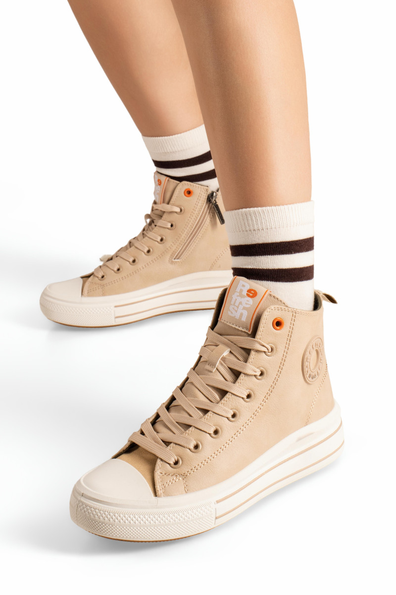 Γυναικεία μπεζ sneakers μποτάκια Refresh με πλαϊνό φερμουάρ για γρήγορη εφαρμογή