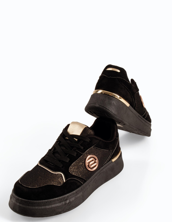 Zak γυναικεία sneakers μαύρα με χρυσές λεπτομέρειες και κορδόνια