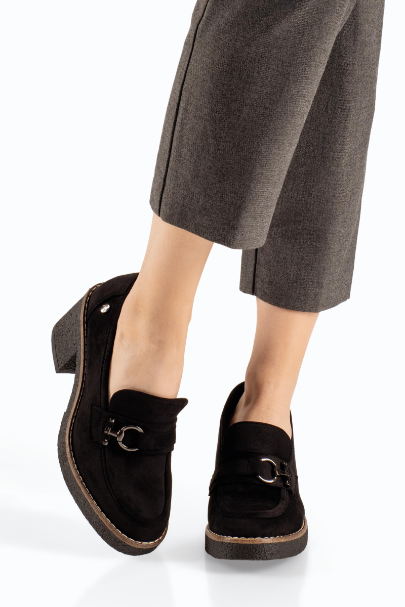 Zak μαύρα σουέτ γυναικεία loafers με κρεπ χοντρό τακούνι