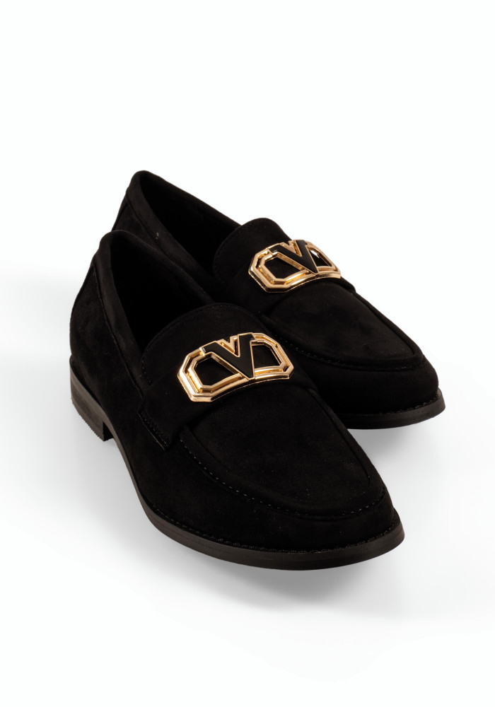 B-Soft μαύρα γυναικεία μοκασίνια suede με χρυσό διακοσμητικό στοιχείο