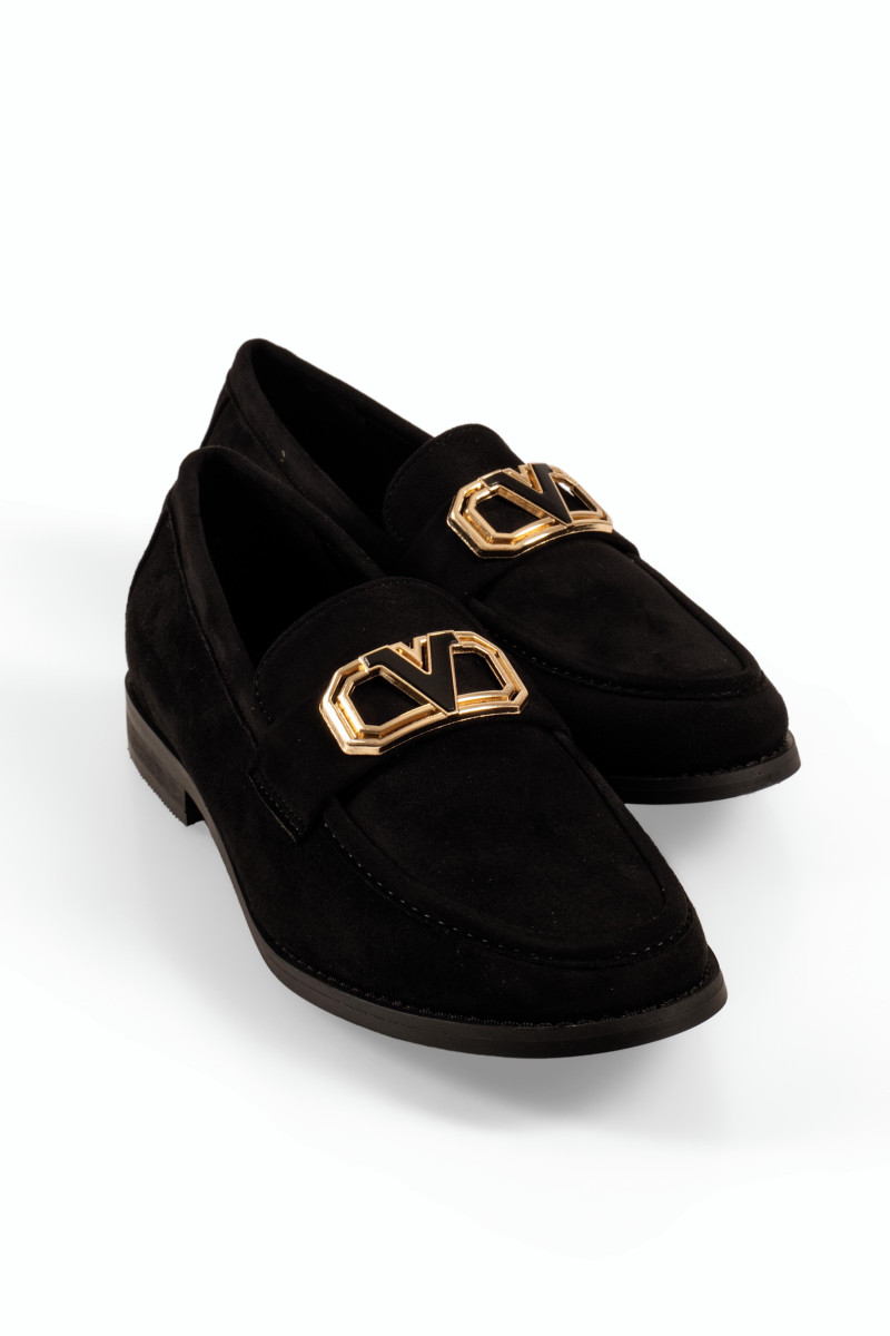B-Soft μαύρα γυναικεία μοκασίνια suede με χρυσό διακοσμητικό στοιχείο