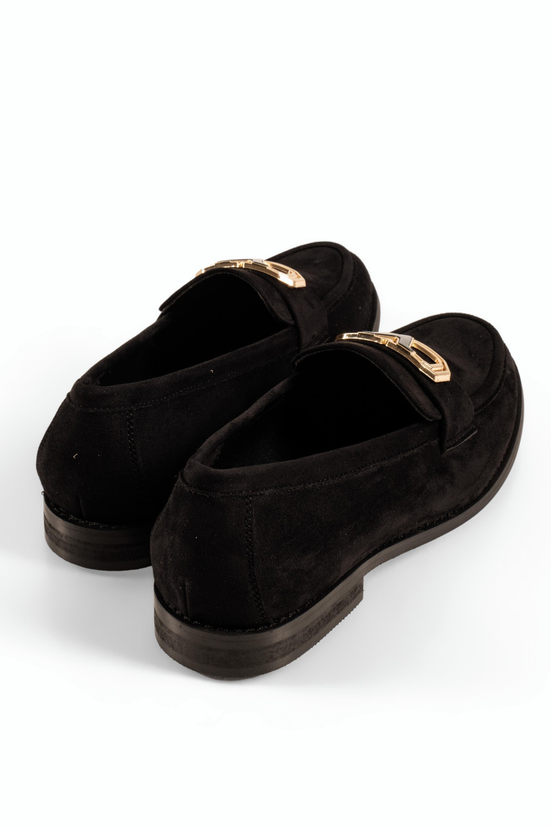 B-Soft μαύρα γυναικεία μοκασίνια suede με χρυσό διακοσμητικό στοιχείο