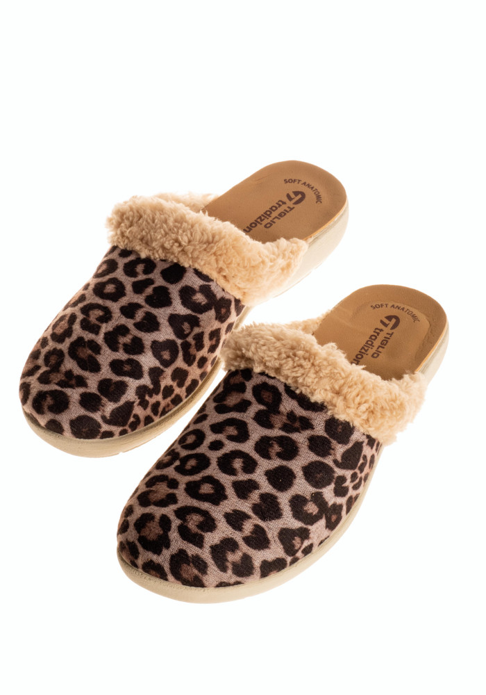 Tiglio χειμερινές γυναικείες παντόφλες μπεζ animal print με γούνινη λεπτομέρεια