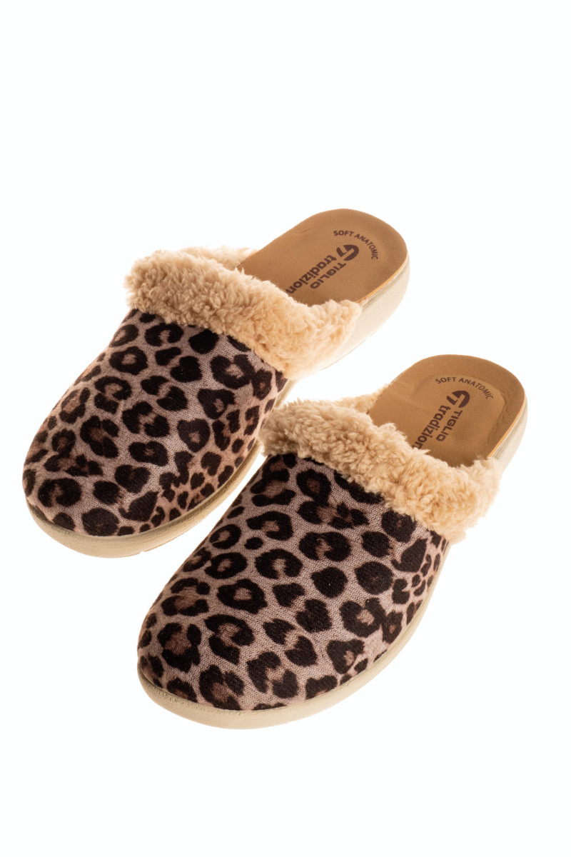 Tiglio χειμερινές γυναικείες παντόφλες μπεζ animal print με γούνινη λεπτομέρεια