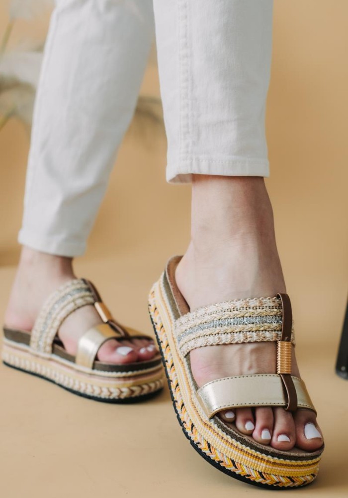 Boho style flatforms με ντυμένη σόλα 413.SX17-C ΧΡΥΣΟ