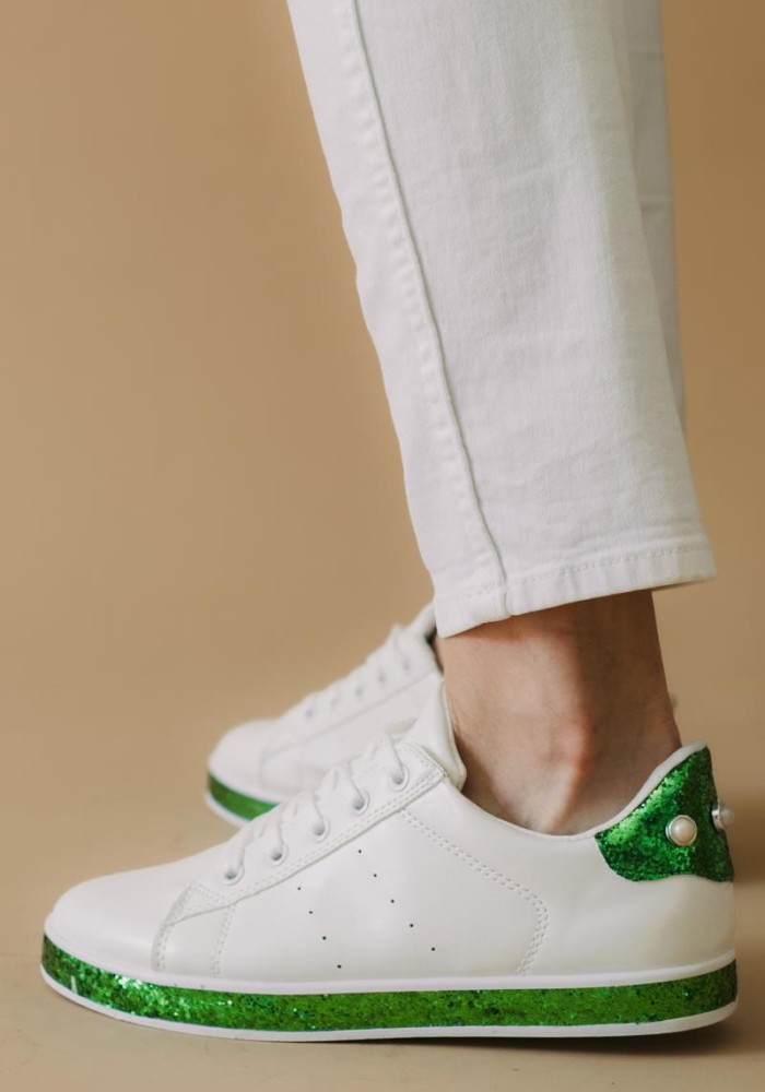 Tennis sneakers με glitter γύρω από την σόλα 330.D7984-L ΑΣΠΡΟ/ΠΡΑΣΙΝΟ