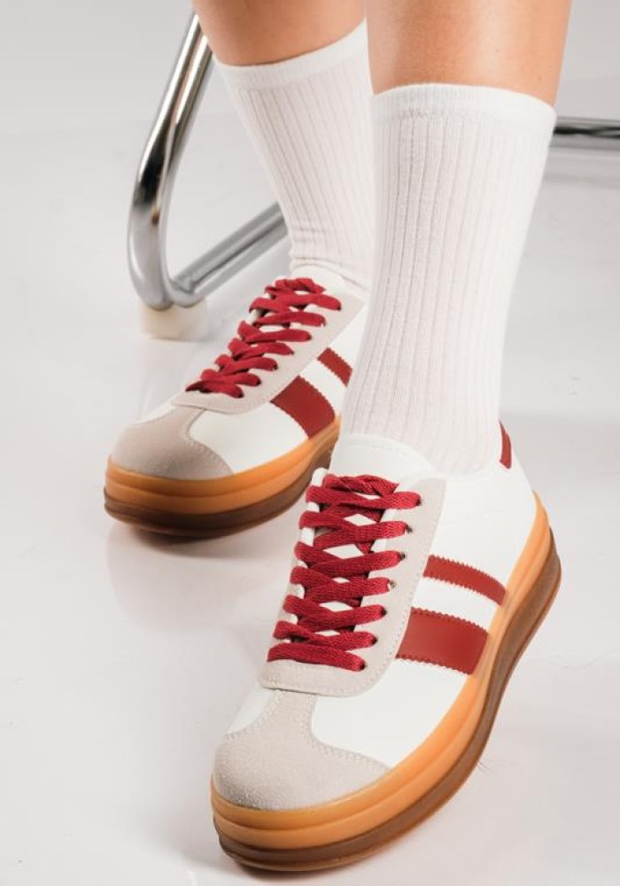 Street style δίσολα sneakers με ρίγες ΑΣΠΡΟ/ΜΠΟΡΝΤΩ