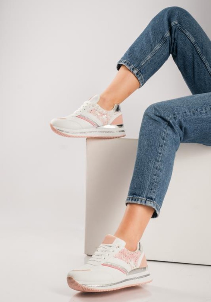 Δίσολα sneakers με μεταλλικό διακοσμητικό ΑΣΠΡΟ/ΡΟΖ